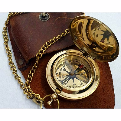 brass push button lid compass chain with leather cover gift mothers day gift anniversary gift father day gift