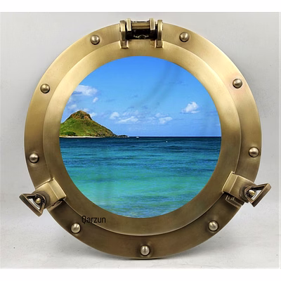 12" antique finish metal porthole glass - nautical maritime wall decor - window