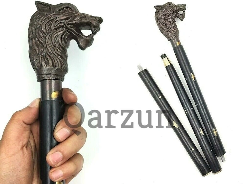 Antique Finish Metal Wolf Head Handle Wooden Walking cane-Walking Stick-Cane 3 Part Open Accessories Spare Part GIFT-As1058