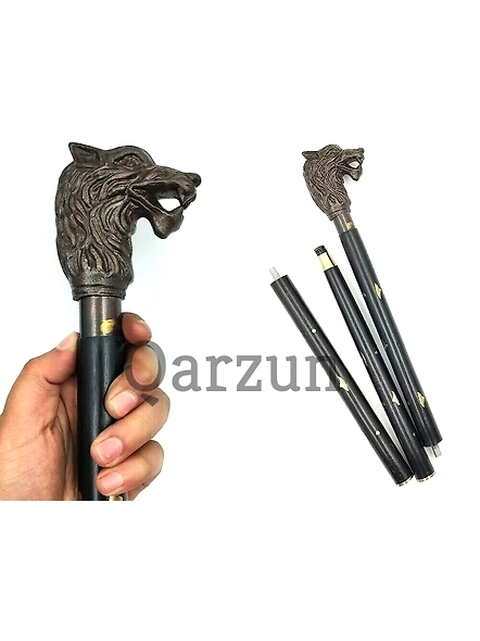 Antique Finish Metal Wolf Head Handle Wooden Walking cane-Walking Stick-Cane 3 Part Open Accessories Spare Part GIFT-As1058