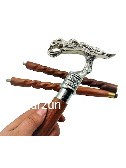 Metal Designer Dragon Silver Handle Cane Head Handle Wooden Walking cane-Walking Stick-Cane 3 Part Open Accessories Spare Part GIFT-As1062