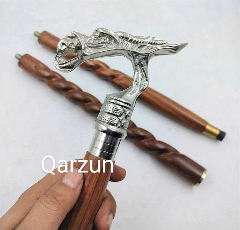 Metal Designer Dragon Silver Handle Cane Head Handle Wooden Walking cane-Walking Stick-Cane 3 Part Open Accessories Spare Part GIFT-3