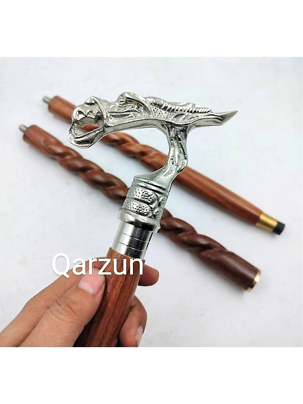 Metal Designer Dragon Silver Handle Cane Head Handle Wooden Walking cane-Walking Stick-Cane 3 Part Open Accessories Spare Part GIFT-3