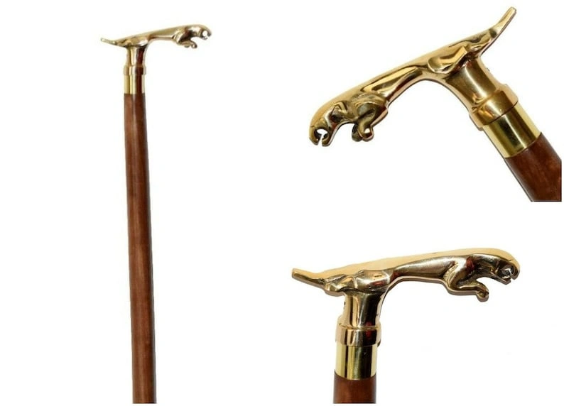 Brass jaguar Cane Head Handle Wooden Walking cane-Walking Stick-Cane 3 Part Open Accessories Spare Part GIFT mothers day gift-As1065