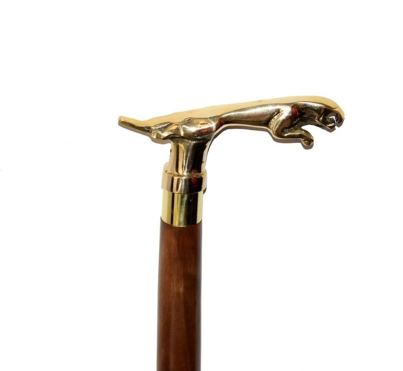 Brass jaguar Cane Head Handle Wooden Walking cane-Walking Stick-Cane 3 Part Open Accessories Spare Part GIFT mothers day gift-2