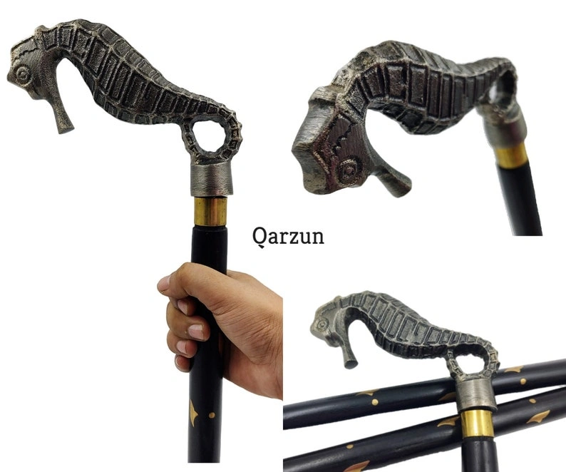 Metal Seahorse handle wood walking stick cane 3 part open style stick-As1067