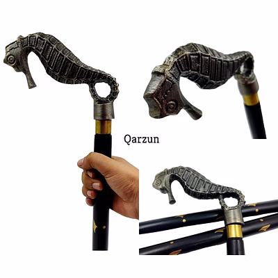 metal seahorse handle wood walking stick cane 3 part open style stick