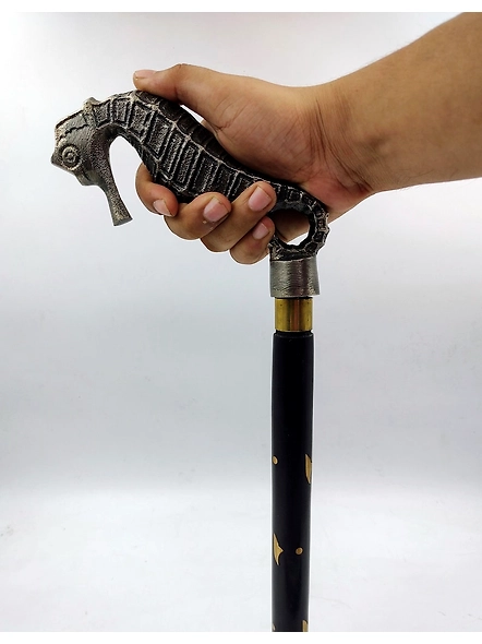 Metal Seahorse handle wood walking stick cane 3 part open style stick-1