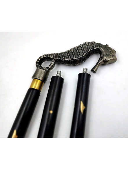 Metal Seahorse handle wood walking stick cane 3 part open style stick-2