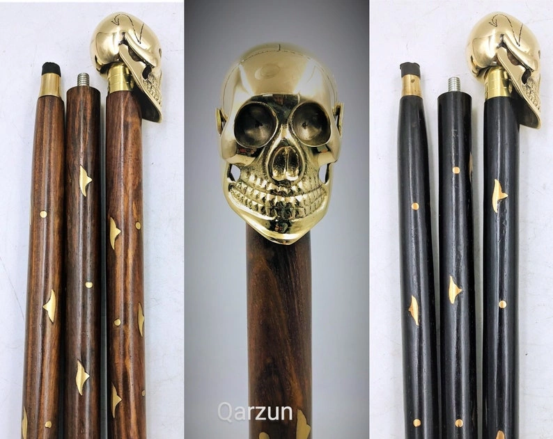 Set of Wooden Walking Cane for Women and Men | Beautiful Brass Skull Head Walking Stick 2 shades of Sticks brown &amp; black-As1069