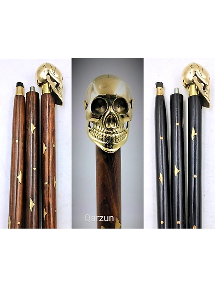 Set of Wooden Walking Cane for Women and Men | Beautiful Brass Skull Head Walking Stick 2 shades of Sticks brown &amp; black-As1069