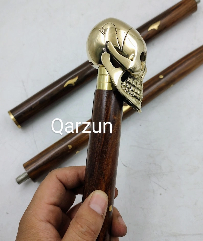 Set of Wooden Walking Cane for Women and Men | Beautiful Brass Skull Head Walking Stick 2 shades of Sticks brown &amp; black-1