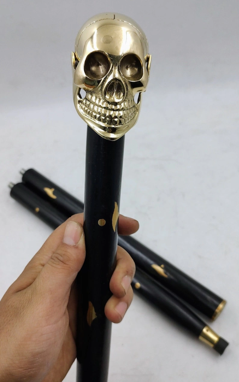 Set of Wooden Walking Cane for Women and Men | Beautiful Brass Skull Head Walking Stick 2 shades of Sticks brown &amp; black-2