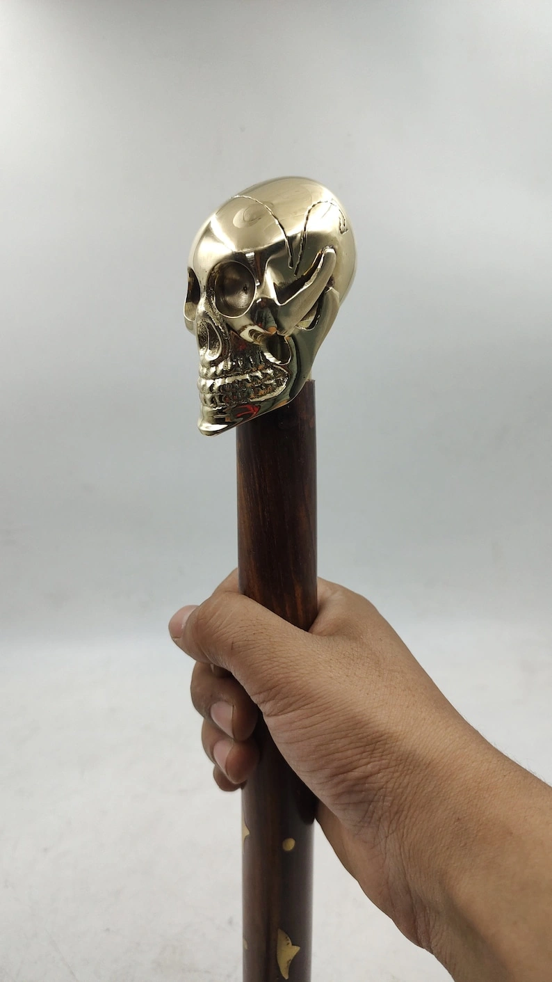 Set of Wooden Walking Cane for Women and Men | Beautiful Brass Skull Head Walking Stick 2 shades of Sticks brown &amp; black-3