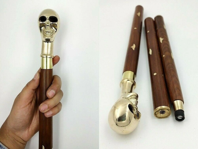 Brass Skull Cane Head Handle Wooden Walking cane-Walking Stick-Cane 3 Part Open Accessories Spare Part GIFT-As1070