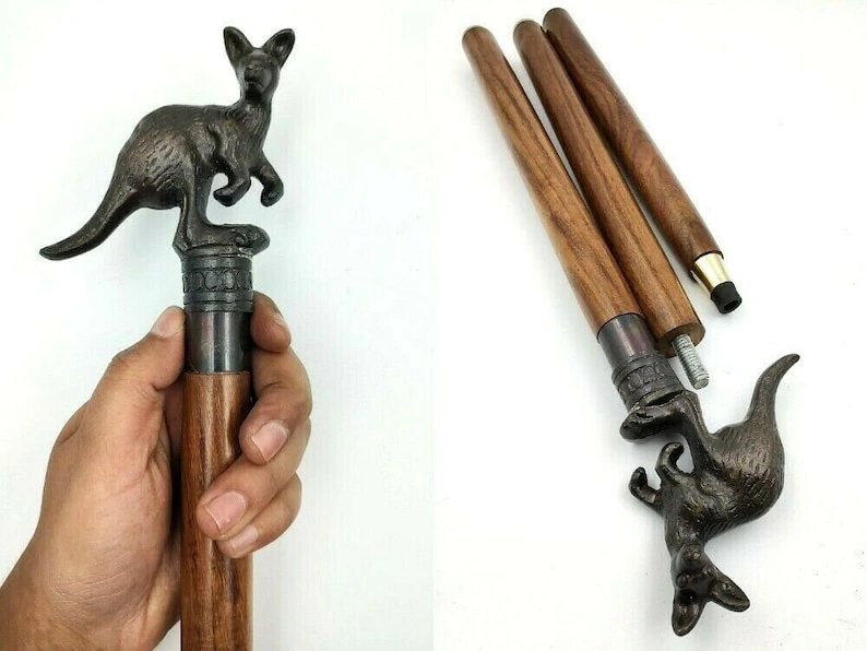 Antique Finish Metal Kangaroo Head Handle Wooden Walking cane-Walking Stick-Cane 3 Part Open Accessories Spare Part GIFT-As1071