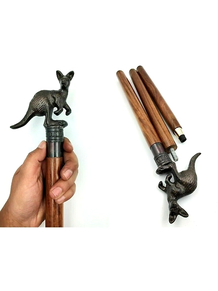 Antique Finish Metal Kangaroo Head Handle Wooden Walking cane-Walking Stick-Cane 3 Part Open Accessories Spare Part GIFT-As1071