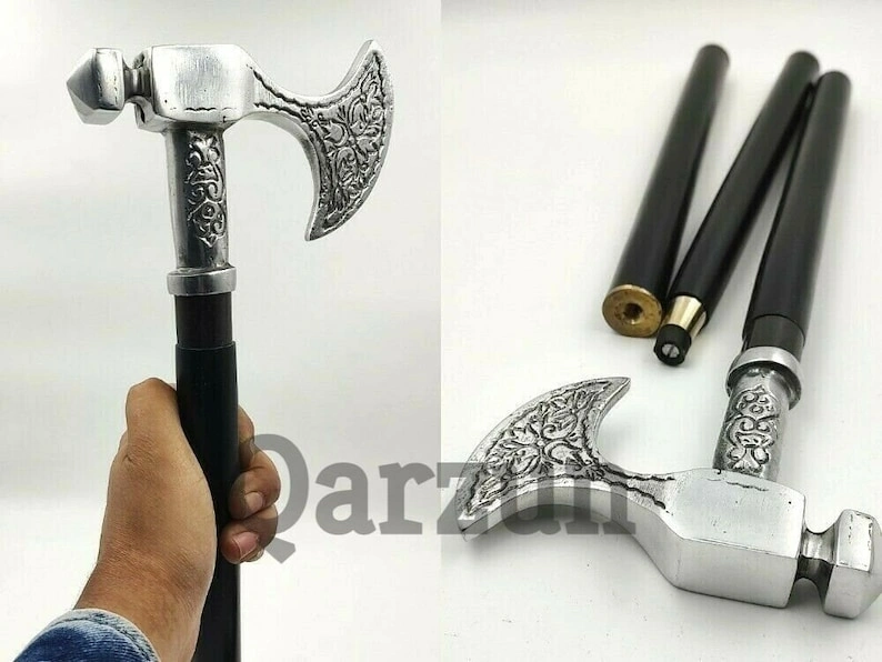 Silver Finish Metal Axe Head Handle Wooden Walking cane-Walking Stick-Cane 3 Part Open Accessories Spare Part GIFT-As1072