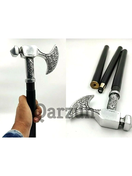 Silver Finish Metal Axe Head Handle Wooden Walking cane-Walking Stick-Cane 3 Part Open Accessories Spare Part GIFT-As1072
