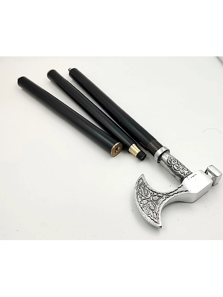Silver Finish Metal Axe Head Handle Wooden Walking cane-Walking Stick-Cane 3 Part Open Accessories Spare Part GIFT-2