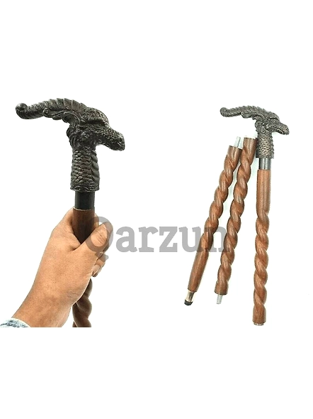 Antique Finish Metal Dragon Head Handle Wooden Walking cane-Walking Stick-Cane 3 Part Open Accessories Spare Part GIFT-As1073
