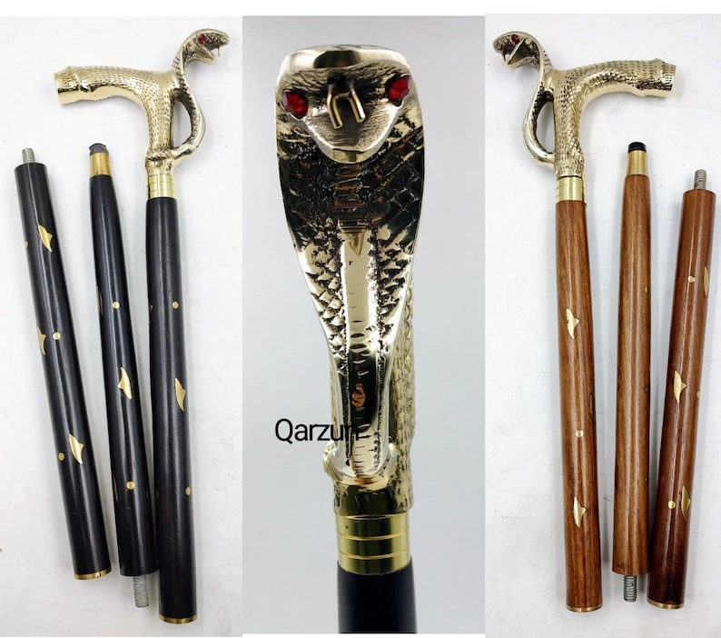 Set of Solid Brass Cobra Snake Handle wood walking stick cane 3 part open stick 2 finish wood stick grandfather gift , anniversary gift-As1076