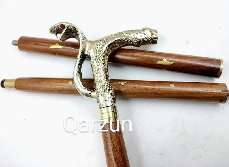 Set of Solid Brass Cobra Snake Handle wood walking stick cane 3 part open stick 2 finish wood stick grandfather gift , anniversary gift-3