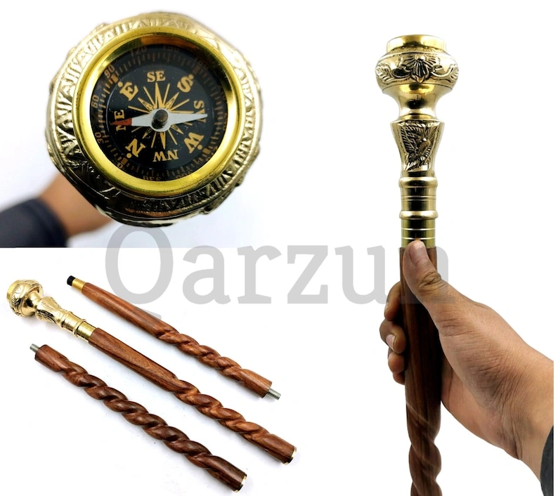 Compass Gentleman's Walking Stick, 36 Inch, Brass Handle and Hardwood Cane, Victorian Handle Designer Antique Wooden Compass Stick Gifts-As1078