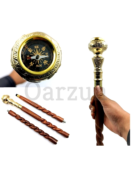 Compass Gentleman's Walking Stick, 36 Inch, Brass Handle and Hardwood Cane, Victorian Handle Designer Antique Wooden Compass Stick Gifts-As1078