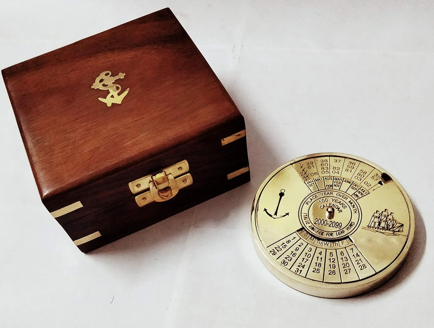 Shiny Finish Brass Calendar Paper Weight with wood box Maritime Gift Item-2