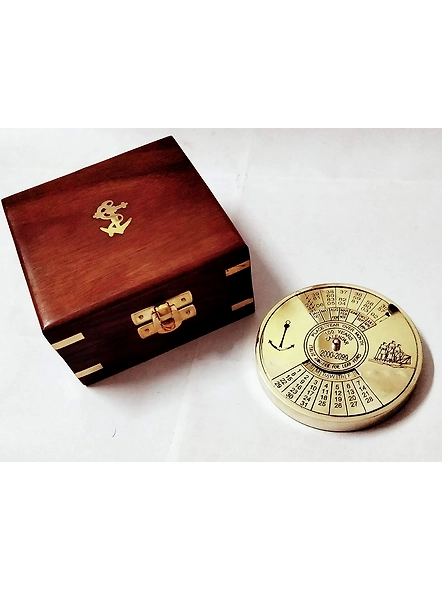 Shiny Finish Brass Calendar Paper Weight with wood box Maritime Gift Item-2