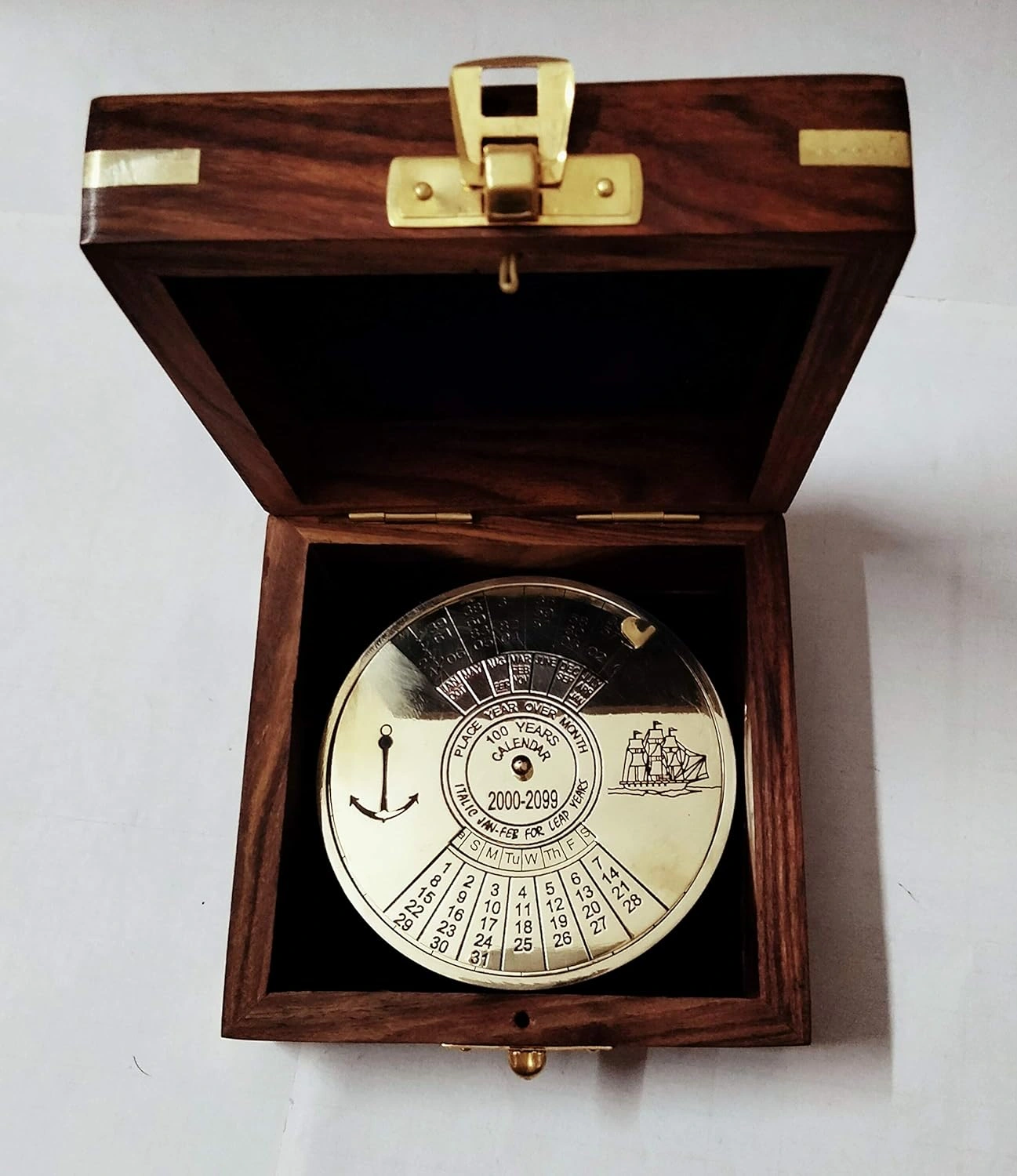 Shiny Finish Brass Calendar Paper Weight with wood box Maritime Gift Item-1