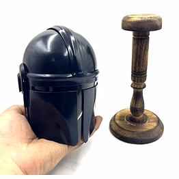 miniature the mandalorian helmet, display wood stand collectible decoration set for adults, men, women, mom, dad, collectible gift idea