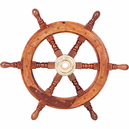 teak wood ship wheel with brass inset and six spokes, brown and gold available size - 12" , 18" , 24"