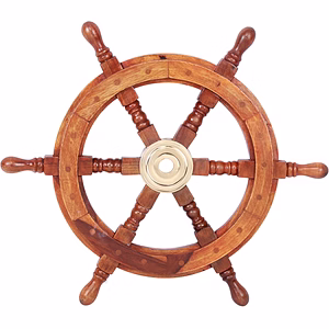 Teak Wood Ship Wheel with Brass Inset and Six Spokes, Brown and Gold Available size - 12" , 18" , 24"