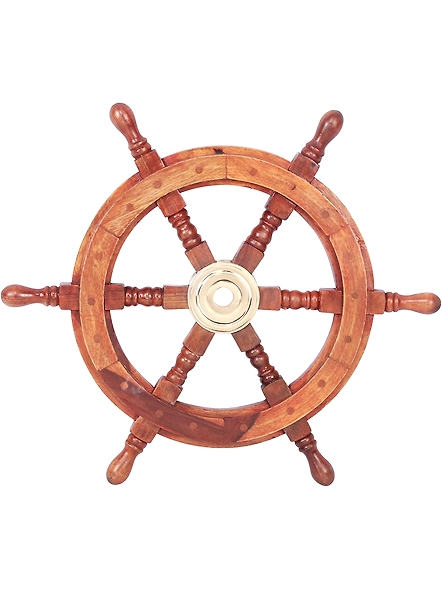 Teak Wood Ship Wheel with Brass Inset and Six Spokes, Brown and Gold Available size - 12&quot; , 18&quot; , 24&quot;-12705157