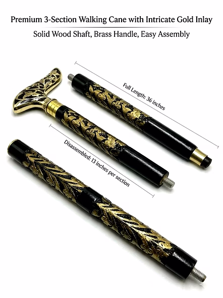 Brass Royal Grip Style Handle Wood Walking Stick Cane with Carving Special Walking Stick in Gold and Black