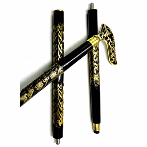 Brass Royal Grip Style Handle Wood Walking Stick Cane with Carving Special Walking Stick in Gold and Black