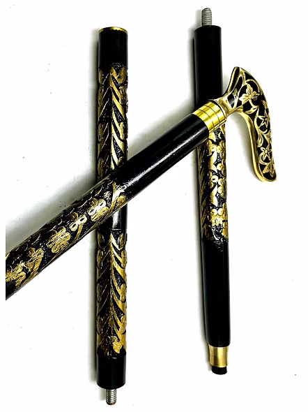 Brass Royal Grip Style Handle Wood Walking Stick Cane with Carving Special Walking Stick in Gold and Black-2