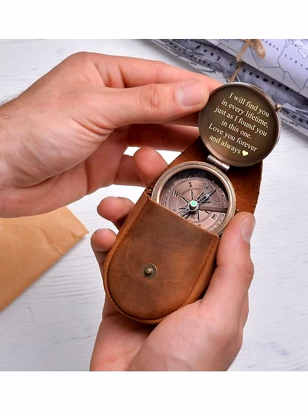 Personalized Pocket Compass Brass Nautical with Leather Cover Birthday Gift for Your lovedones-3