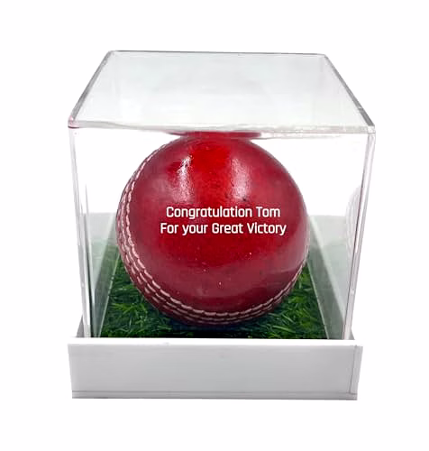 Personalized Leather Cricket Ball (Red), Standard Size 1Pc with Acrylic Display Box Water Resistant Suitable for Practice or Tournament Game image 4