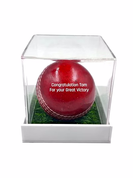 Personalized Leather Cricket Ball (Red), Standard Size 1Pc with Acrylic Display Box Water Resistant Suitable for Practice or Tournament Game-3