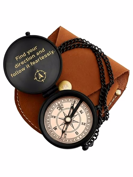 Personalized Brass Black Pocket Compass Chain with Leather case Brass Nautical Birthday Gift for Your lovedones-2