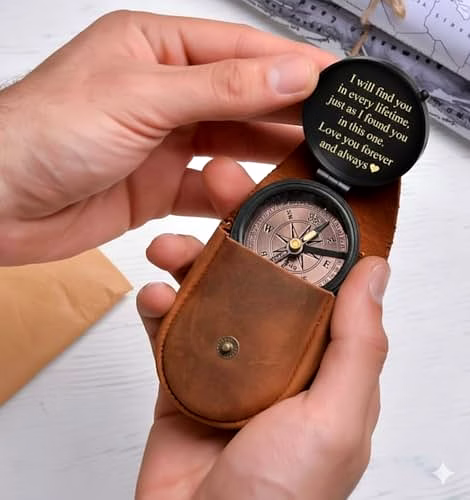 Personalized Brass Black Pocket Compass Chain with Leather case Brass Nautical Birthday Gift for Your lovedones image 4