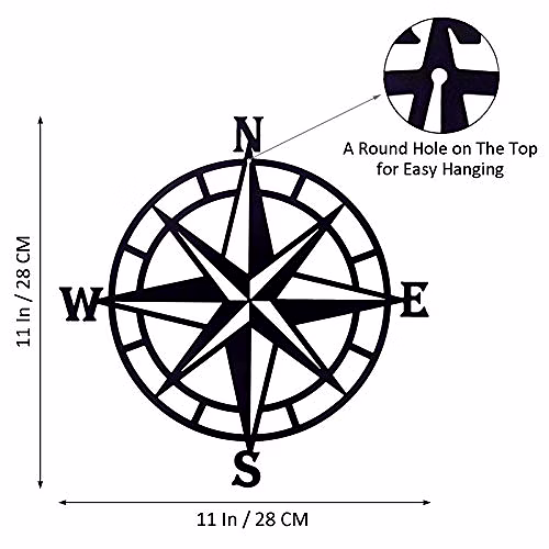 ESTART (Black) -28Cm Metal Decorative Nautical Compass Wall Decor, Living Room Bedroom Office Porch Garden Patio Signs Wall Hanging Art Beach Theme Home Decoration (Black) image 2