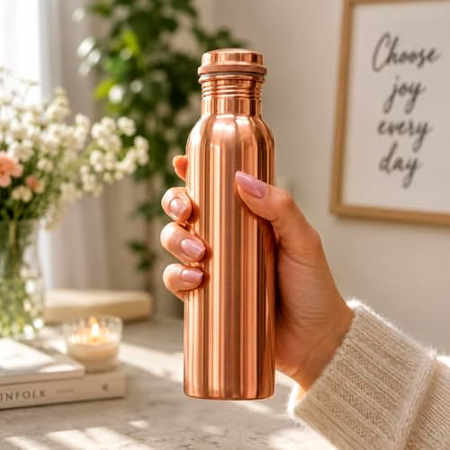 Ayurveda Personalized Copper Bottle 34oz, Leak Proof Copper Water Bottle for Drinking Water, Unique Design Yoga Bottle for Home, Stainless Steel with Screw Lid, Engraved Name image 2