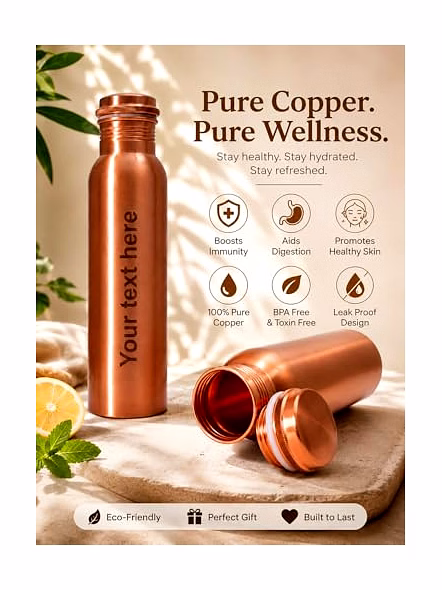 Ayurveda Personalized Copper Bottle 34oz, Leak Proof Copper Water Bottle for Drinking Water, Unique Design Yoga Bottle for Home, Stainless Steel with Screw Lid, Engraved Name-2