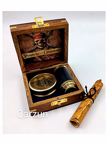 Captain Jack Sparrow Brass Compass Antique Map with Mini 2 fold Telescope in Wood Box for Pirates Lovers-1