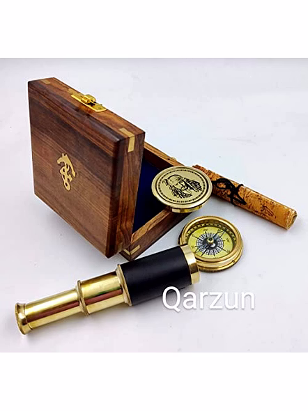 Captain Jack Sparrow Brass Compass Antique Map with Mini 2 fold Telescope in Wood Box for Pirates Lovers-2