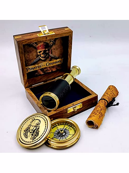Captain Jack Sparrow Brass Compass Antique Map with Mini 2 fold Telescope in Wood Box for Pirates Lovers-3